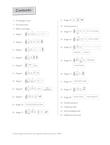 Trumpet Basics" pupil's book contents page with musical notation examples.