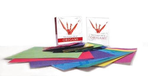 Origami kit with instruction book and colorful square paper sheets.
