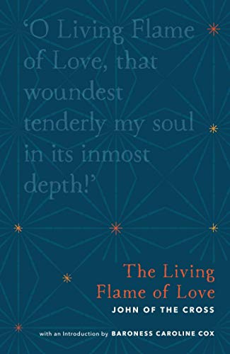 Blue book cover with white text and starburst pattern, title “The Living Flame of Love.”