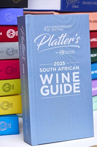 Blue Platter’s South African Wine Guide 2025, 45th edition, stacked with books.