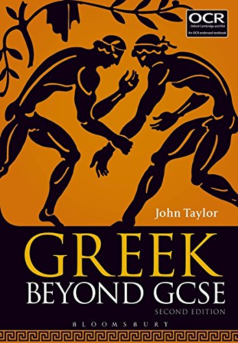Book cover featuring two figures in black silhouette on an orange background, titled Greek Beyond GCSE.