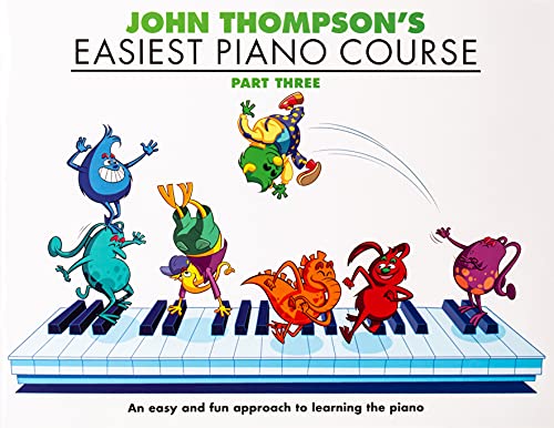 Cover of John Thompson's Easiest Piano Course Part 3 featuring cartoon monsters on piano keys.
