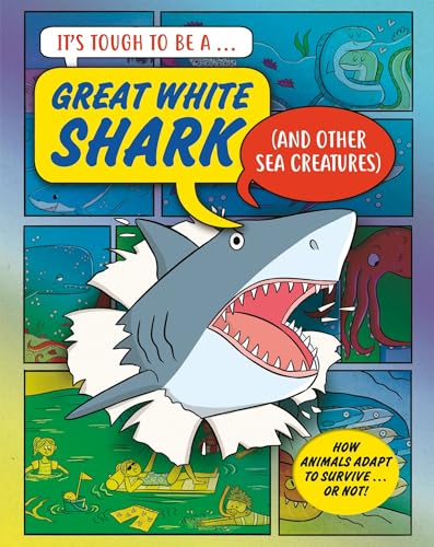 Cartoon shark bursting through comic panel with other sea creatures nearby.