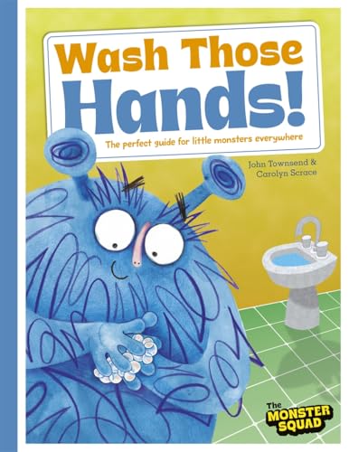Blue monster washing hands at a white sink, book cover illustration.