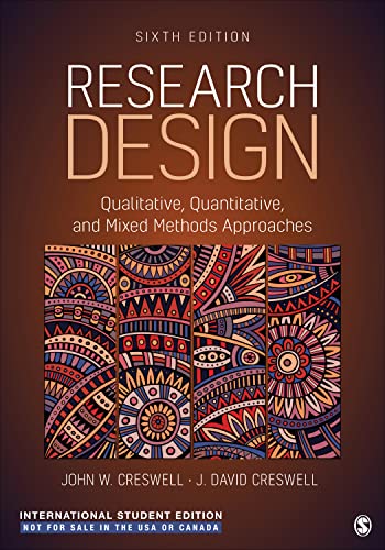 Textbook cover: "Research Design," sixth edition, with colorful patterned design.