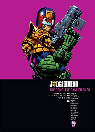 Judge Dredd in armor holding a large gun against a pink background.