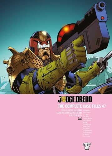 Judge Dredd holding a large futuristic gun on a pink book cover background.