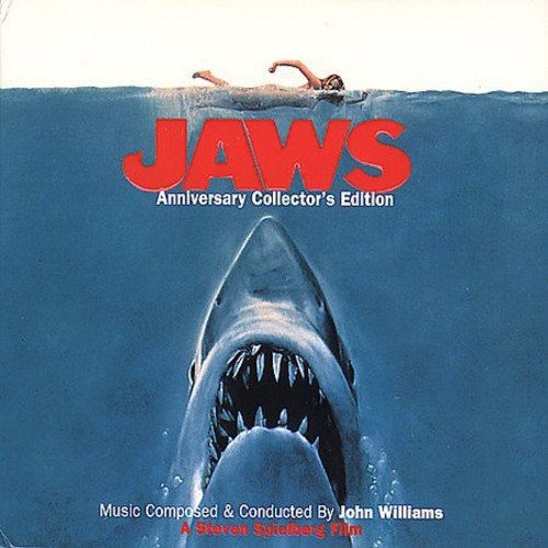 Jaws" CD cover: shark rising, swimmer above, red title, ocean water.