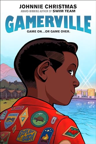 Book cover illustration of a boy wearing a patch-covered shirt overlooking a summer camp.