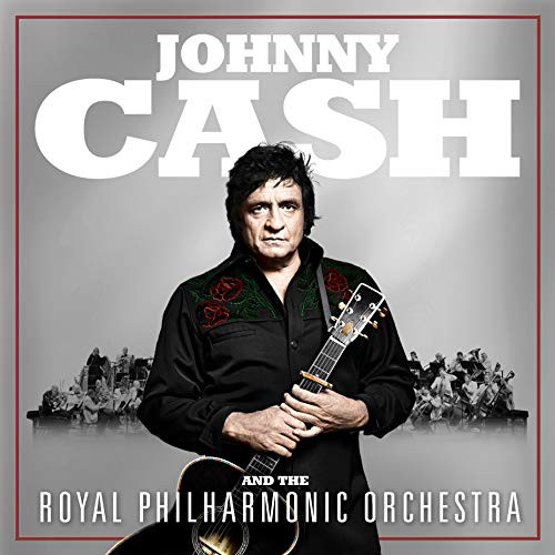 Johnny Cash portrait with guitar, album cover featuring the Royal Philharmonic Orchestra.
