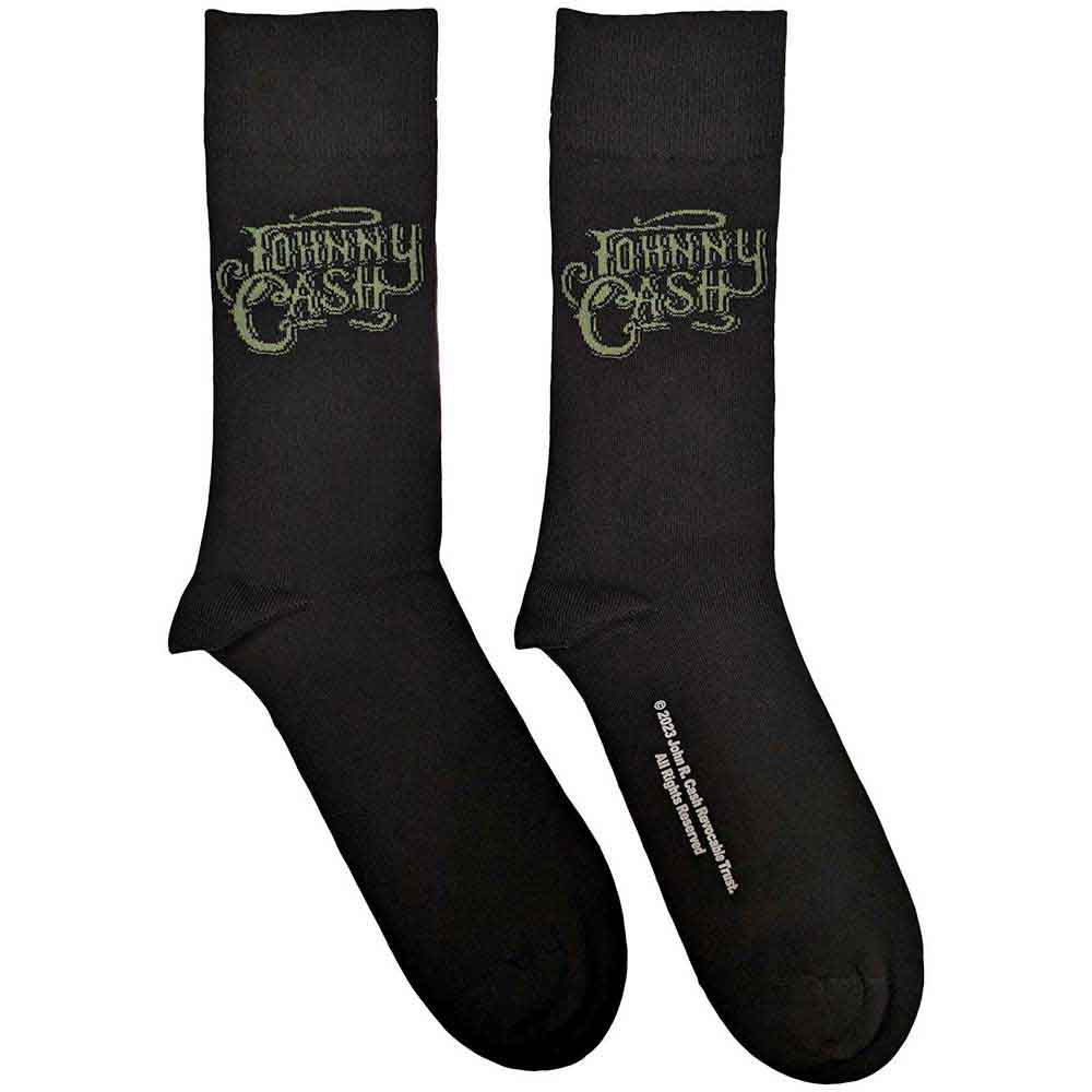 Black ankle socks with repeated gold "Johnny Cash" text logo.