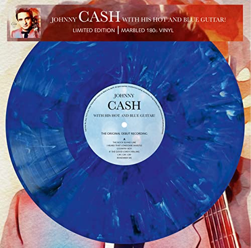Marbled blue vinyl record of Johnny Cash’s debut album, with label visible.