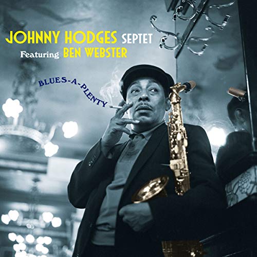 Johnny Hodges with saxophone, smoking, album cover with vintage club background.
