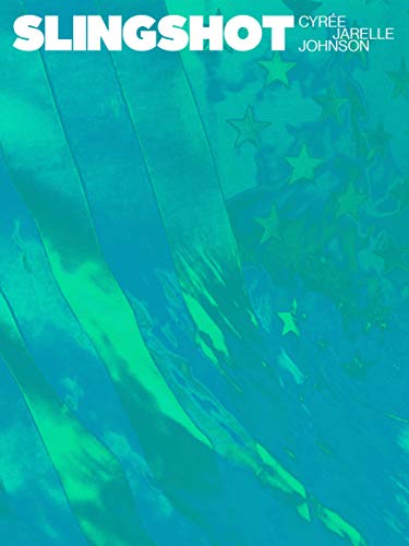 Book cover for "SLINGSHOT" with abstract blue and green stripes and stars.