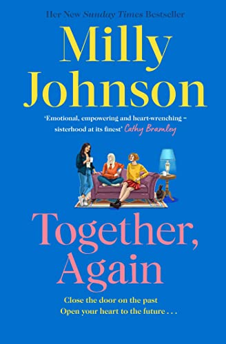 Book cover: three women on a sofa, blue background, pink title.