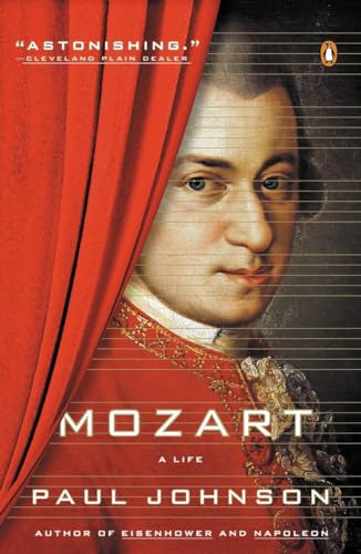 Book cover: portrait of Mozart with red drapery and text.