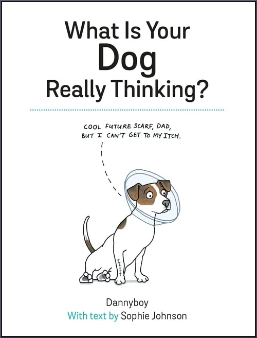Book cover with cartoon dog wearing an Elizabethan collar, thinking bubble.
