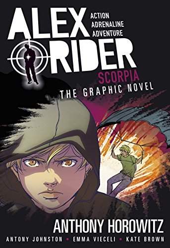 "Alex Rider: Scorpia, the Graphic Novel" cover featuring a hooded character and a person in a green jacket.