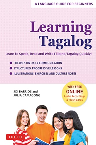 Book cover: "Learning Tagalog" with diverse students and audio access noted.