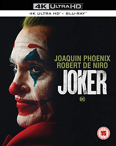 “Joker” Blu-ray cover featuring Joaquin Phoenix in clown makeup.