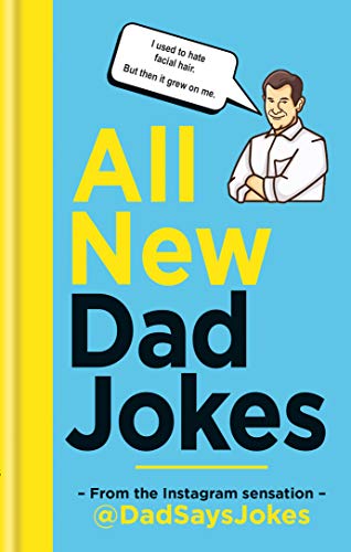 Book cover titled All New Dad Jokes with a cartoon man and speech bubble.