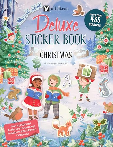 Christmas sticker book cover with children, trees, animals, and festive decorations.