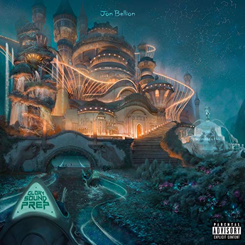"Album cover art featuring fantastical, futuristic castle with glowing lights and 'PARENTAL ADVISORY' label."