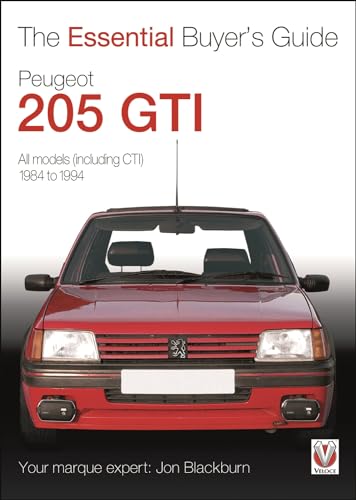 Red Peugeot 205 GTI car on cover of a buyer’s guide book.