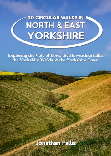 Book cover: "20 Circular Walks in North & East Yorkshire" with rolling hills.