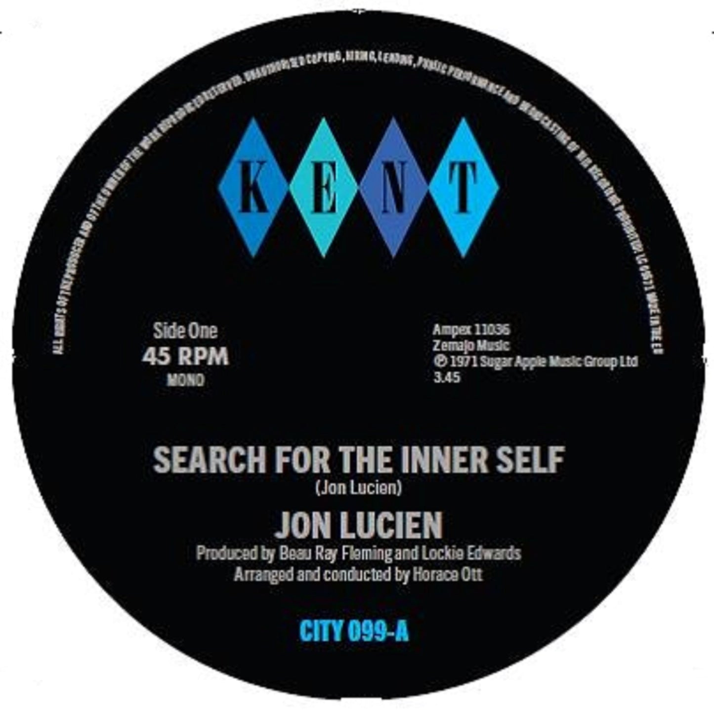 Black vinyl record label with blue geometric design and white text.