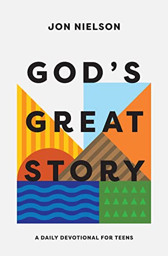 Book cover: "God's Great Story" devotional with abstract colorful geometric design.