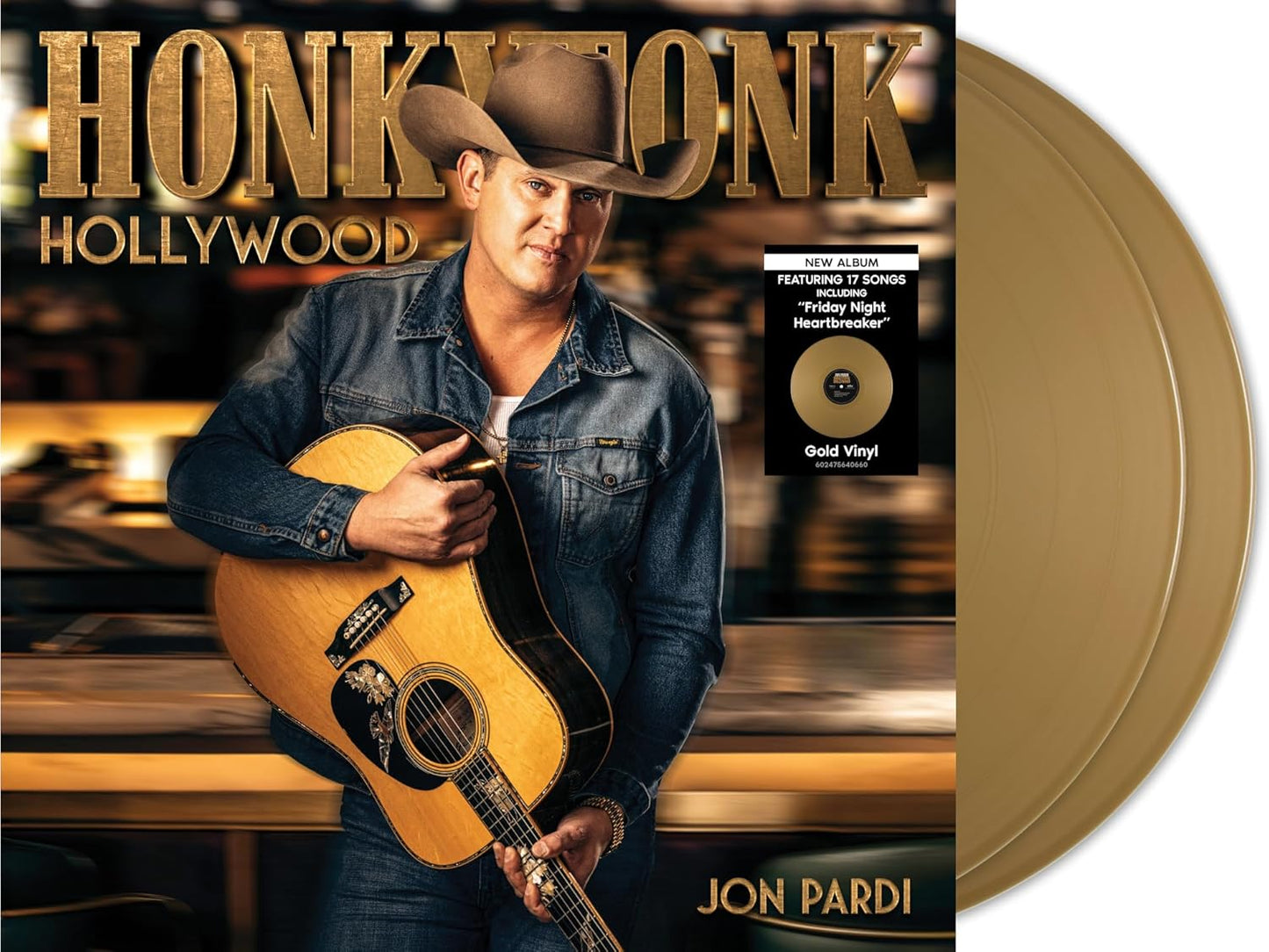Jon Pardi album cover with gold vinyl record beside it.