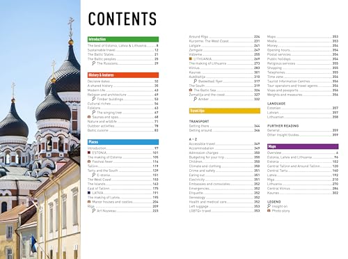 A travel guide contents page with a photo of onion-domed church towers on the left.
