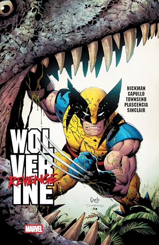 Wolverine with claws extended is trapped inside the open jaws of a large dinosaur.