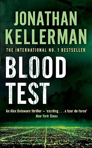 Book cover for "Blood Test" by Jonathan Kellerman, dark green and white.
