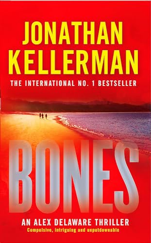 Red book cover with white title "Bones" and beach scene below.
