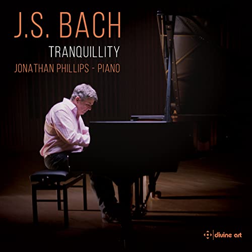 Pianist Jonathan Phillips at a grand piano, album cover for J.S. Bach.