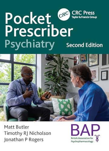 Book cover: "Pocket Prescriber Psychiatry," second edition, with doctors consulting.