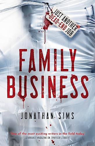 Book cover: "Family Business" with a bloody, zipped-up garment image.