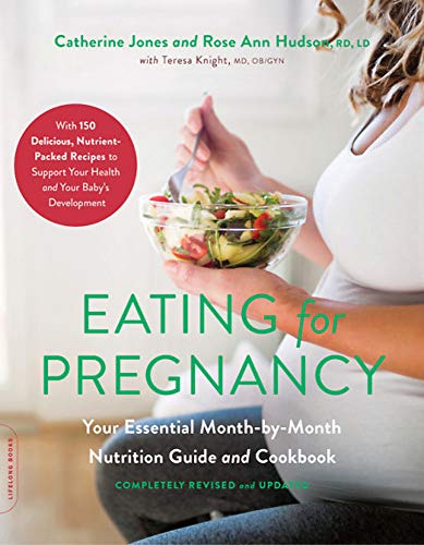 Book cover: "Eating for Pregnancy" with a pregnant person and salad.