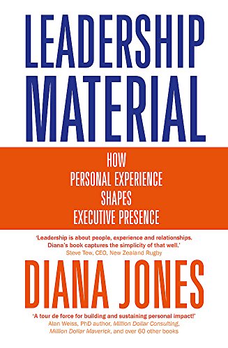 Book cover: "Leadership Material" by Diana Jones, with blue and orange text.