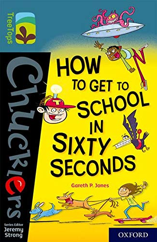 Book cover: colorful cartoon of a boy, UFO, and dog running to school.