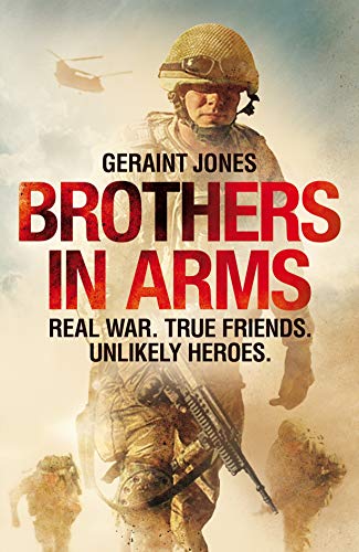 Book cover depicting soldiers in a warzone, with large red text.