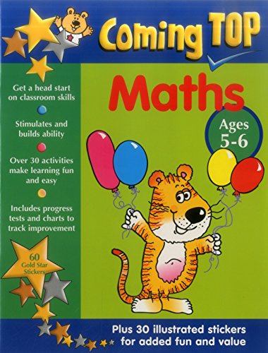 Coming Top: Maths" book cover with tiger, balloons, and stars for ages 5-6.