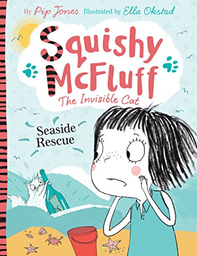 Book cover: girl looking worried, cat with bottle on beach.