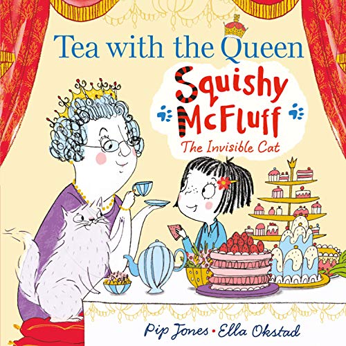 Illustration of a queen, a girl, and an invisible cat at tea.