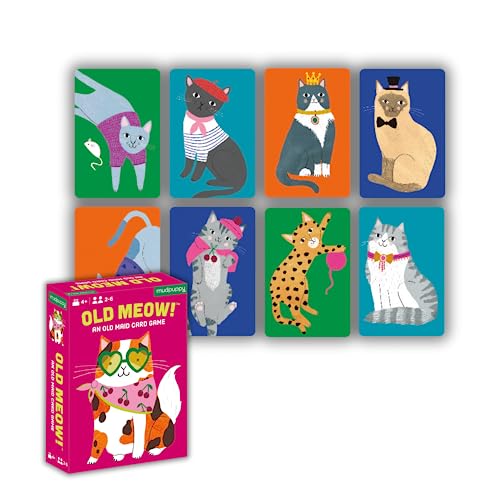 Old Meow card game box with eight playing cards featuring illustrated cats in costumes.