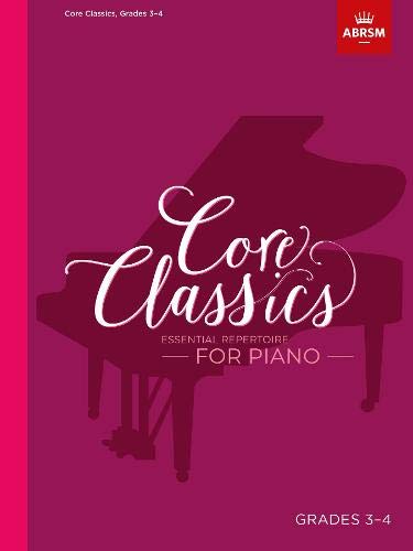 Book cover for Core Classics Grades 3-4 piano repertoire with a grand piano silhouette.