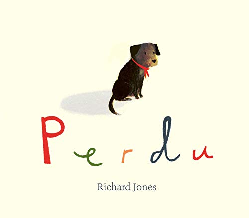 A black dog wearing a red collar sits on a cream background above text.