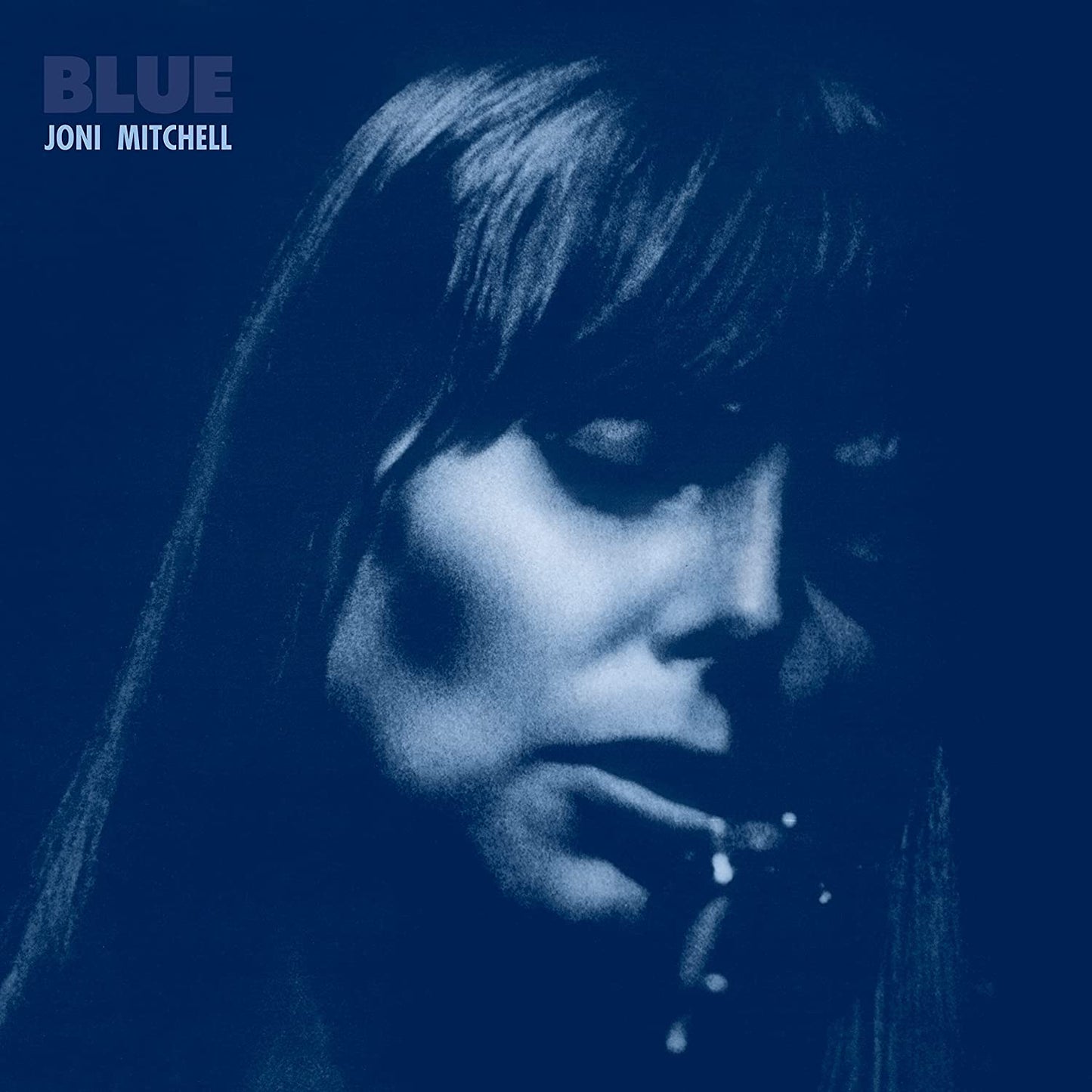 Album cover: blue-toned close-up of Joni Mitchell smoking, with title "Blue" and artist name.